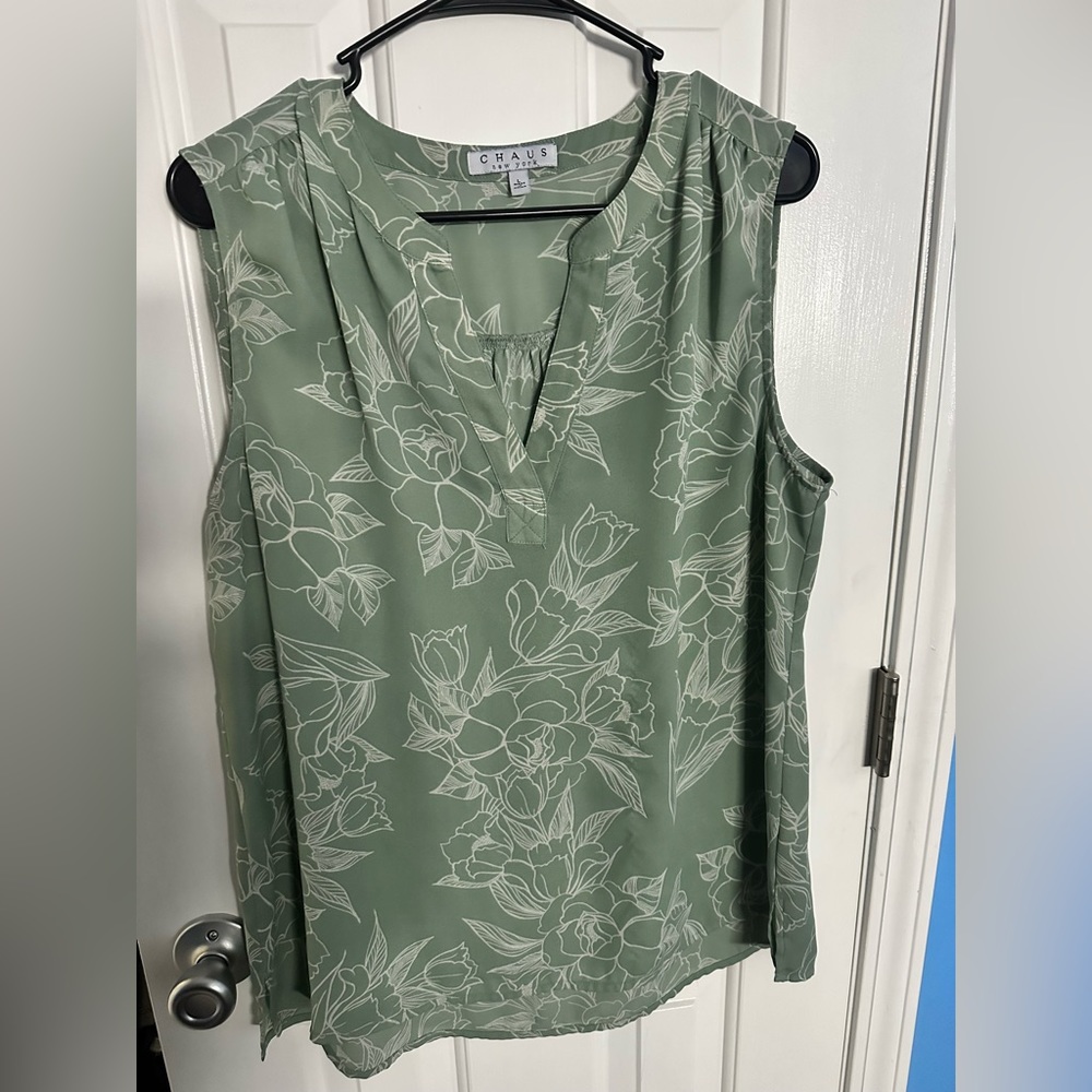 Sage green with white floral print blouse